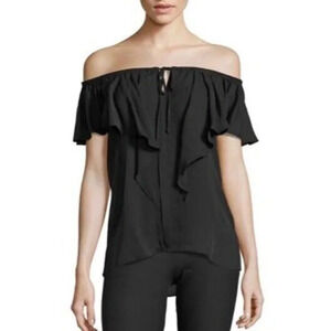 Kobi Halperin Venetta Off the Shoulder 100% Silk Top Black Ruffle Keyhole Sz M
